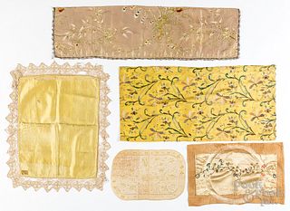 Five silk needlework panels, 19th/early 20th c.
