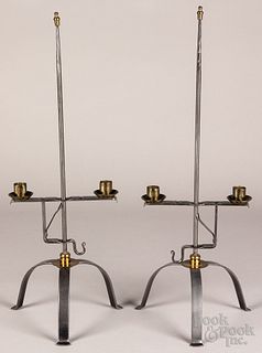 Pair of wrought iron and brass candleholders