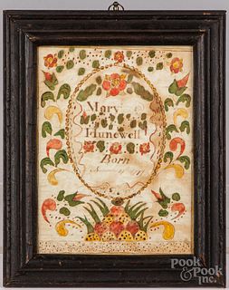 Ink and watercolor fraktur for Mary Hunewell