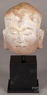 Chinese carved stone Buddha head, with stand