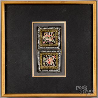 Five framed Chinese silkwork pockets