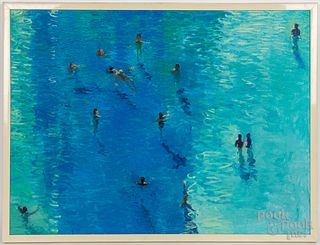 Oil on canvas impressionist painting of swimmers