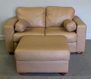 Modern Tan Leather Settee and Ottoman.