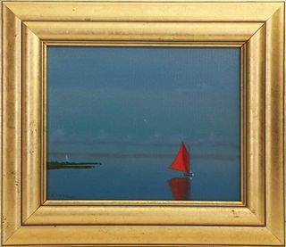 Robert Stark Jr. Oil on Canvas "Lone Red Sail Off Headland"