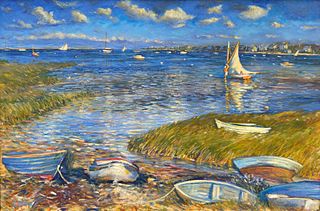 George Thomas Oil on Canvas "Nantucket Harbor from the Boatyard, 1997"