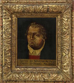 German School Oil on Cradle Board "Portrait of Martin Luther", 19th Century