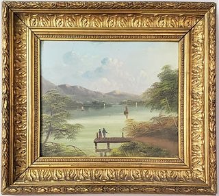 Fine German Oil on Artist Board River Landscape Painting, 19th Century