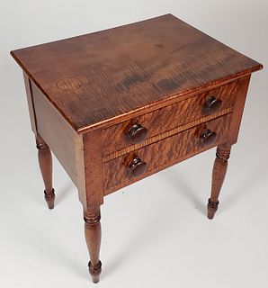 Antique New England Sheraton Tiger Maple Two Drawer Night Stand, 19th Century