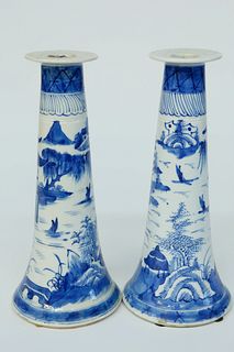 Pair of Canton Trumpet Form Candlesticks, 19th Century