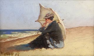Wendell Macy Oil on Wood Panel "Lady in the Sun, Nantucket", circa 1895