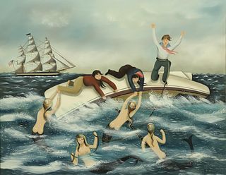 Ralph Eugene Cahoon Jr. Oil on Masonite "Mermaids and Capsized Sailors"