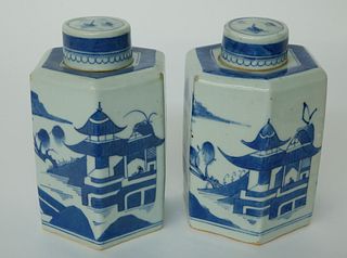 Pair of Canton Hexagonal Tea Caddies, 19th Century