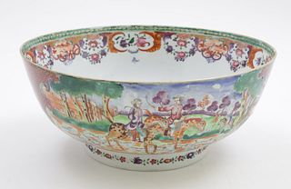 Chinese Export "Mandarin Palette" Hunting Punch Bowl, Qianlong Period (1736-1795),