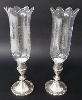 Pair of Gorham Sterling Silver Hurricane Candlestick Lamps Baccarat Shades