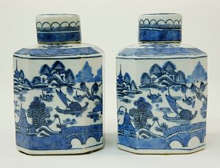 Pair of Canton Octagonal Tea Caddies, 19th Century