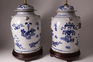 Pair of Canton Style Porcelain Temple Jar Lamps, 20th Century