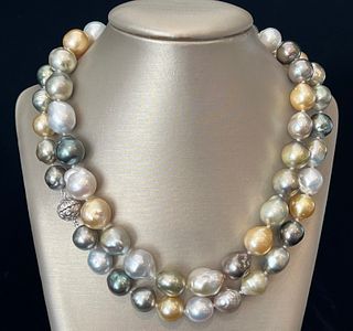 Fine 12mm x 14.9mm Multi-Color South Sea Baroque Pearl Necklace, 14k Gold