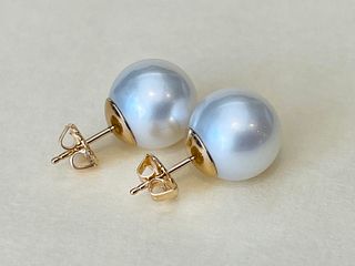 Fine Pair 12.8mm White South Sea Pearl Earrings, 14k Gold