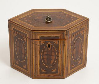 British Regency Multi-wood Inlaid Hexagonal Tea Caddy, 19th Century