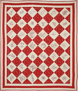 Elaborately Embroidered Red and White Friendship Quilt, circa 1920s