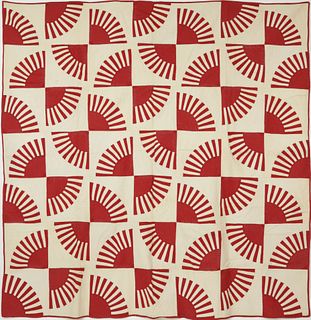 Antique Red and White Quarter Fan Patchwork Quilt, 19th Century