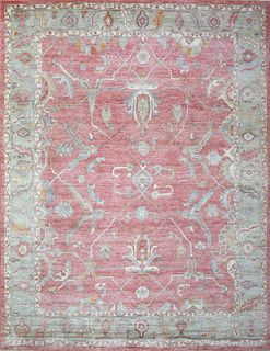 Hand Knotted Coral Red Angora Organic Wool Oushak Carpet