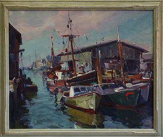 Emile Gruppe Oil on Canvas "Fishing Boats Docked"
