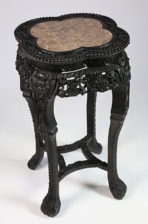Chinese Carved Teakwood and Marble Taboret, 19th Century
