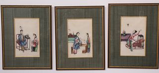 Three Chinese Export Watercolors on Pith Paper, 19th Century