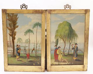 Pair of Chinese Painted Wood Panels, 19th Century