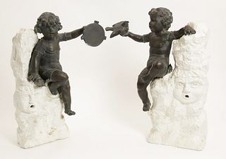 Pair of Patinated Bronze and Cast Stone Fountain Putti Figures, 19th Century