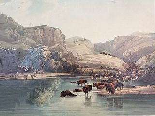 Karl Bodmer Aquatint Engraving "Herds of Bisons and Elks on the Upper Missouri"