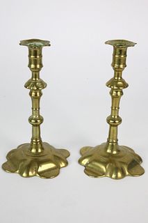 Pair of Queen Anne Brass Push-Up Candlesticks, early 18th Century