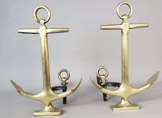 Pair of Vintage Mid Century Brass Anchor Andirons