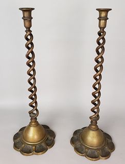 Pair of Most Unusual English Twist Brass Candlesticks, 19th Century