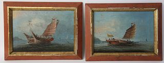 Pair of China Trade Paintings "Junks Heading Out", 19th Century