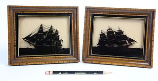 Pair of Reverse Painted Glass Silhouettes "Old Ironsides" and "Clipper Ship"