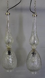 Pair of Cut Glass Stem Form Pendant Chandeliers.