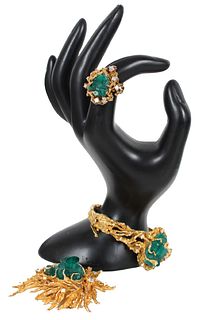 14K Emerald & Diamond Ring, Brooch, & Bracelet