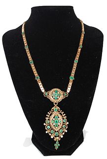 Vintage 18K Emerald & Pearl Pendant Necklace