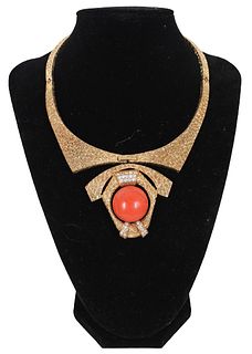 14K Yellow Gold Coral & Diamond Collar Necklace