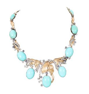 18K Graduated Turquoise Diamond &Sapphire Necklace