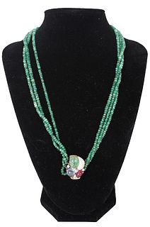 1960s 14K Triple Strand Emerald Beaded Necklace
