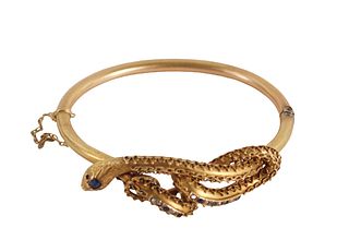 18K Yellow Gold Snake Antique Sapphire Bangle
