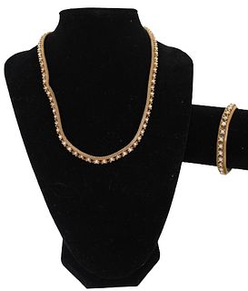 18K Mash Style Necklace & Bracelet w Pearls