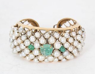 14k Yellow Gold Cuff Bracelet w Pearls & Emeralds