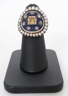 14K Georgian Enamel Citrine Diamond Ring W Pearls