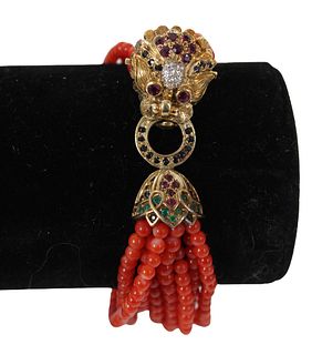 14k Y Gold Diamond & Emerald Lion Coral Bracelet