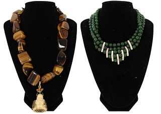 (2) Necklaces, Yellow Gold and Jade Beads