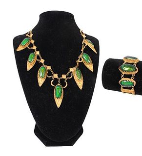 22K Handmade Scarab Enamel Leaf Necklace, Bracelet